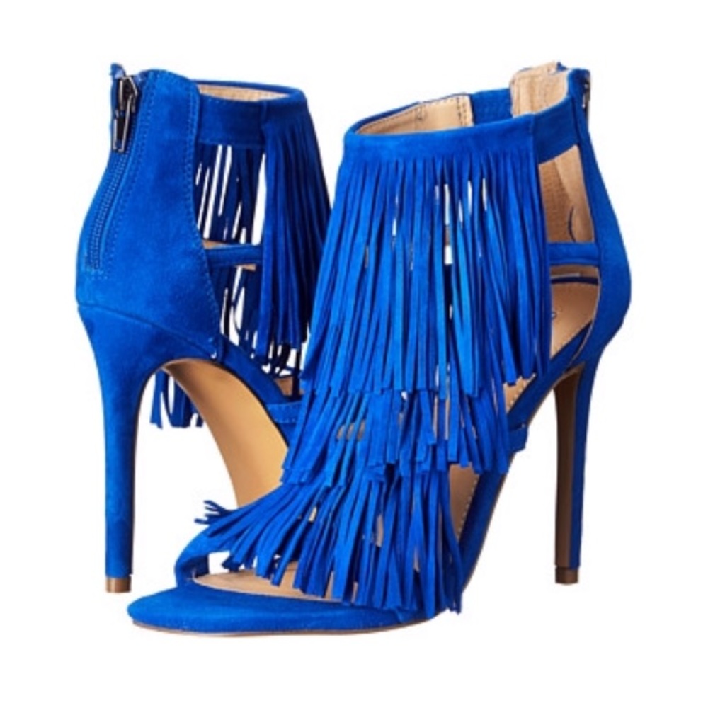 Steve Madden Fringly Cobalt Blue Suede Fringe Heels Sandals 6.5